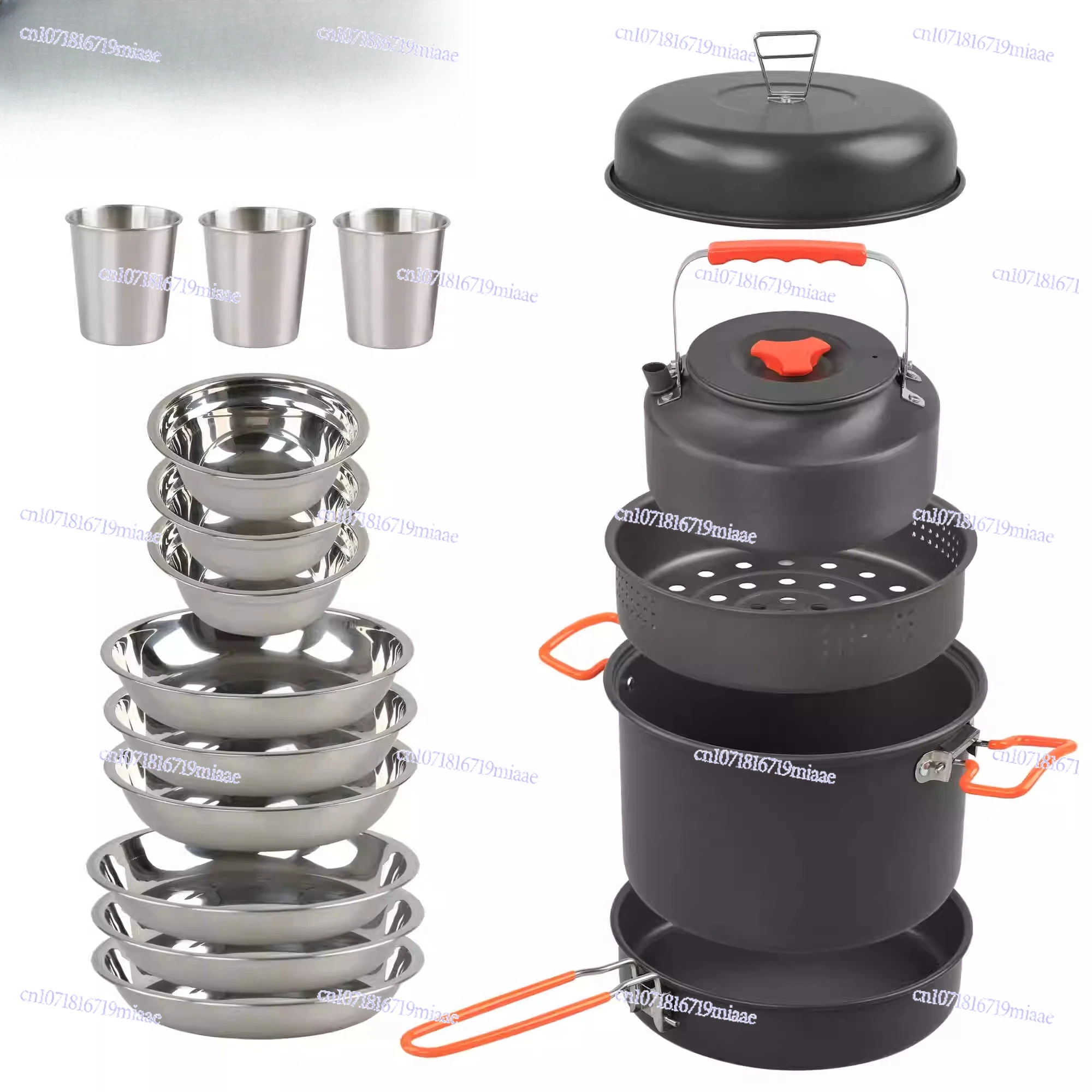 Outdoor Camping Set Pot Binaural Steamer Plus 1.6L Kettle Frying Pan Stainless Steel Plate Water Cup