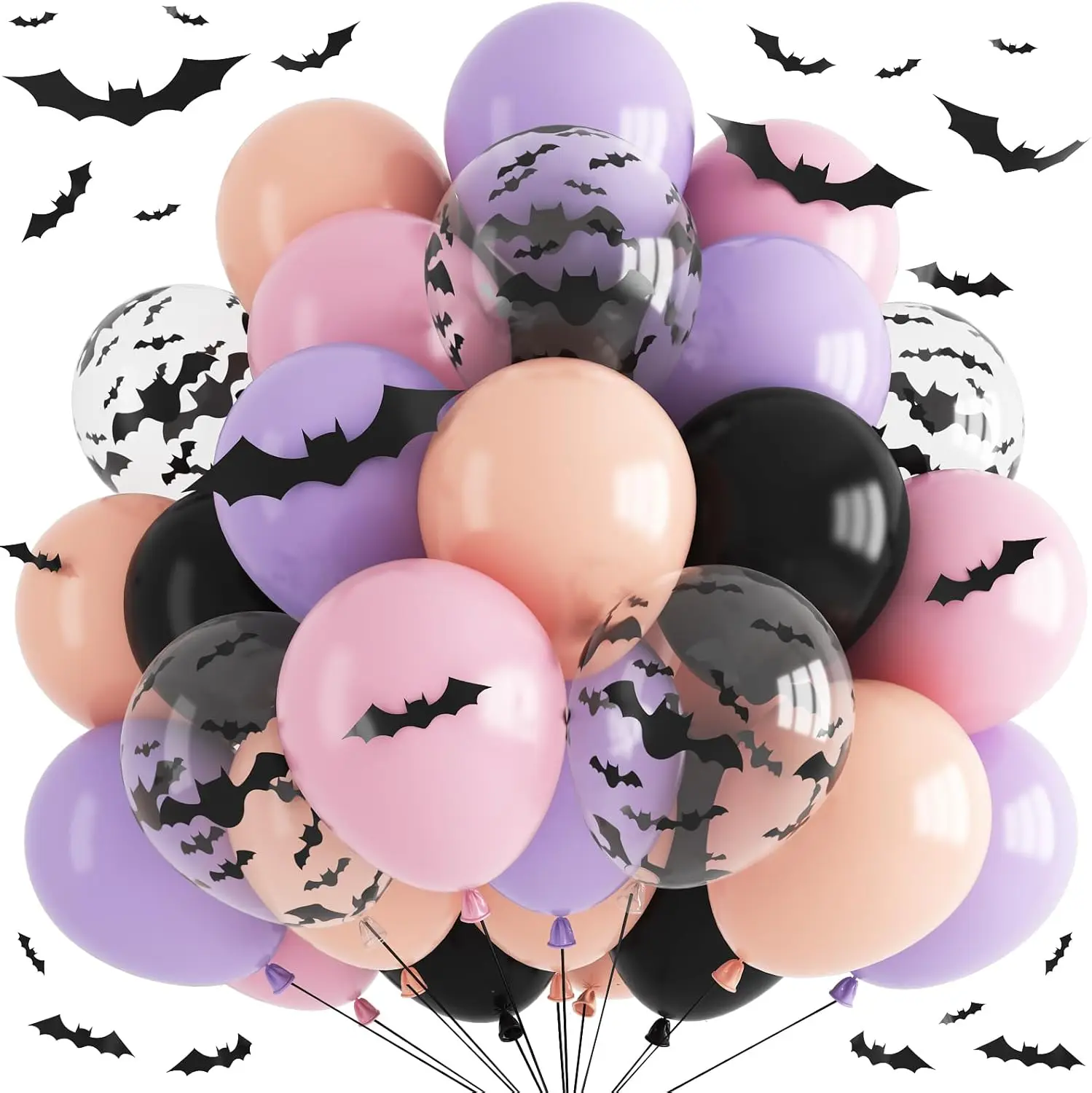 

Pastel Halloween Balloons with 3D Bat Stickers - Pink, Purple, Black - 12in Latex for Party Decor