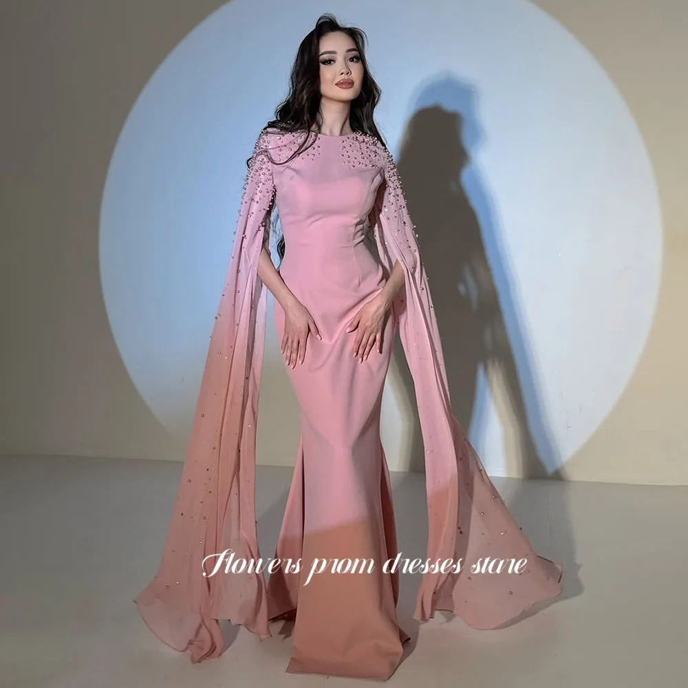 

Flowers Straight Party Dress Long Flare Sleeve Evening Dress Pearls Prom Dress Celebrity Gala vestidos de novia Customized