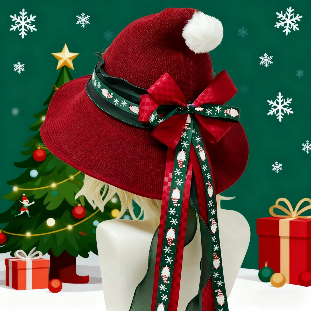 

Sweet Christmas Witch Hat Red Lolita Plush Top Hat with Lace Trims and Ribbon Bowknot White Hairball Lace Hair Accessories