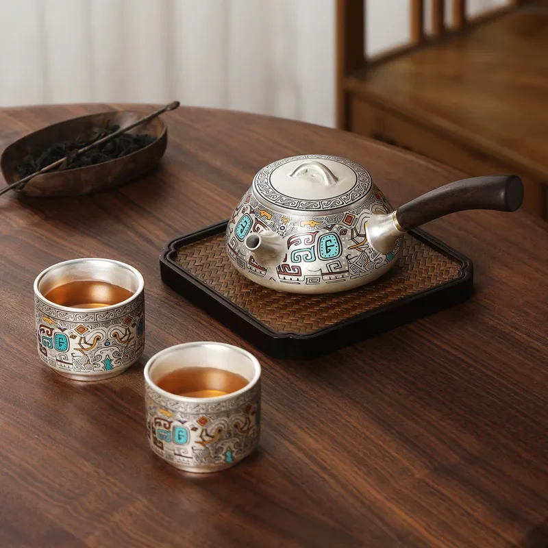 

Серебро 999 пробы, горшок из двух чашек керамического золота и серебра неправильный узор, японский офисный портативный дорожный чайный сервиз кунг-фу