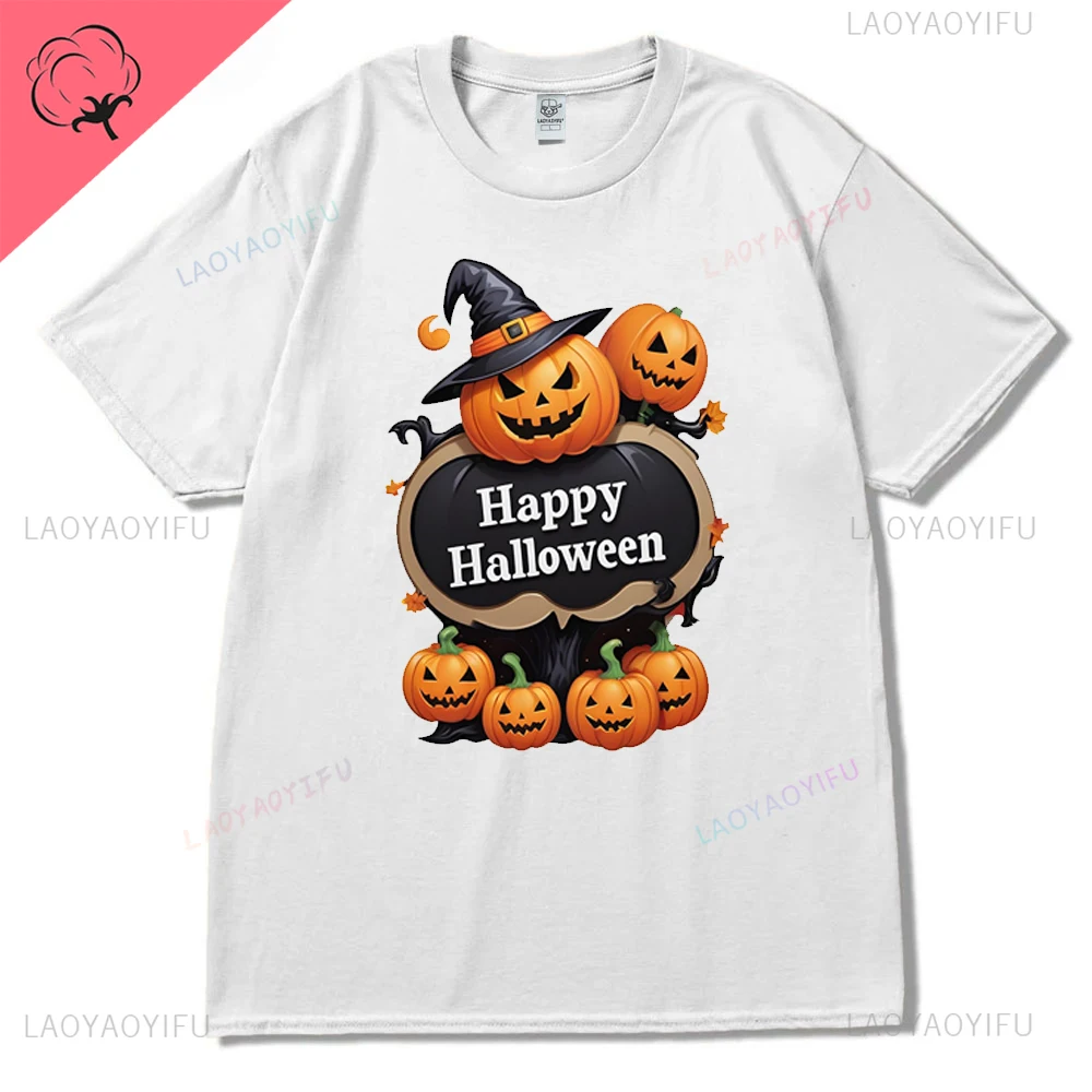 Camiseta de algodón con estampado de Halloween para mujer, camisa de manga corta con estampado de calabaza y lámpara, fantasma de Terror, ropa de calle Hipster