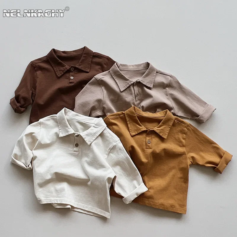 2025 Spring New in Kids Baby Boys Casual Clothing Children Solid Color Polo-collar Top T-shirt Toddler Full Sleeve Clothes 6M-6Y