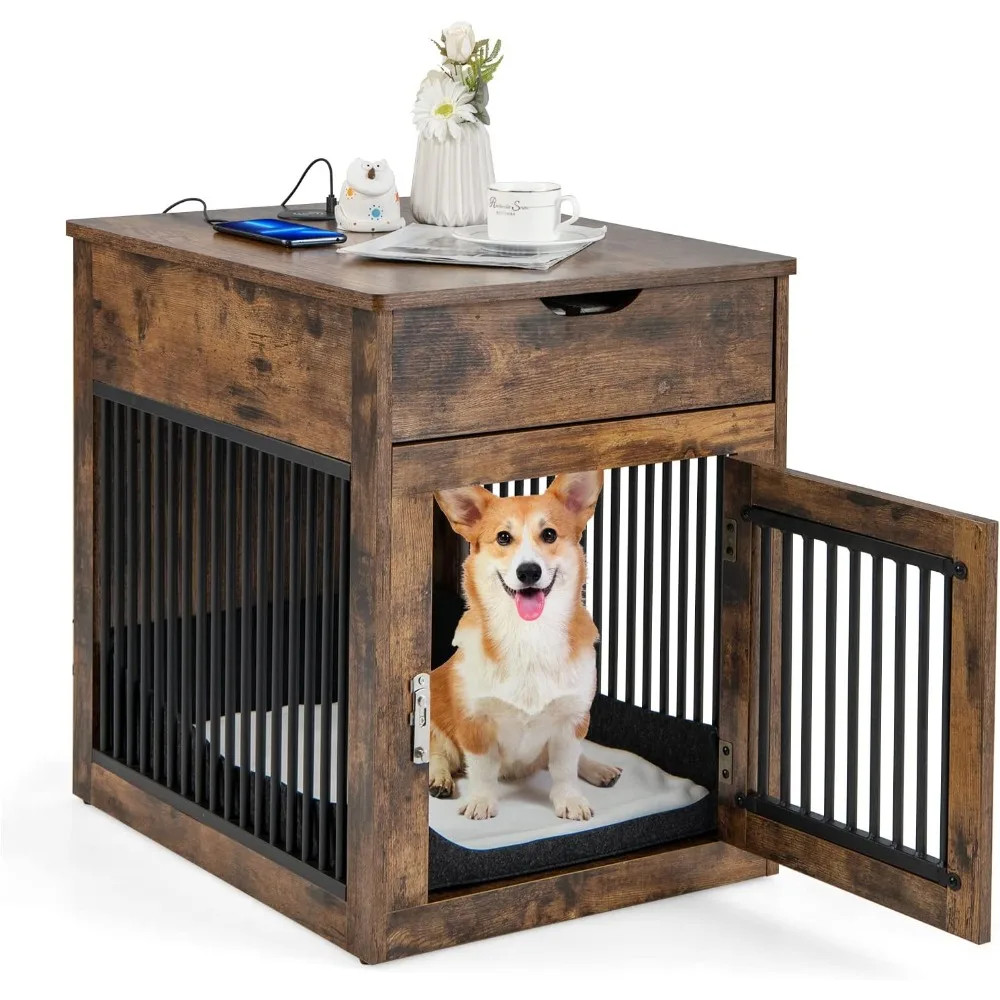 

Dog Crate Furniture, Dog Kennel End Table with Chew-Proof Metal Fence, Lockable Door, Storage Drawer, Wired and Wireless Chargi