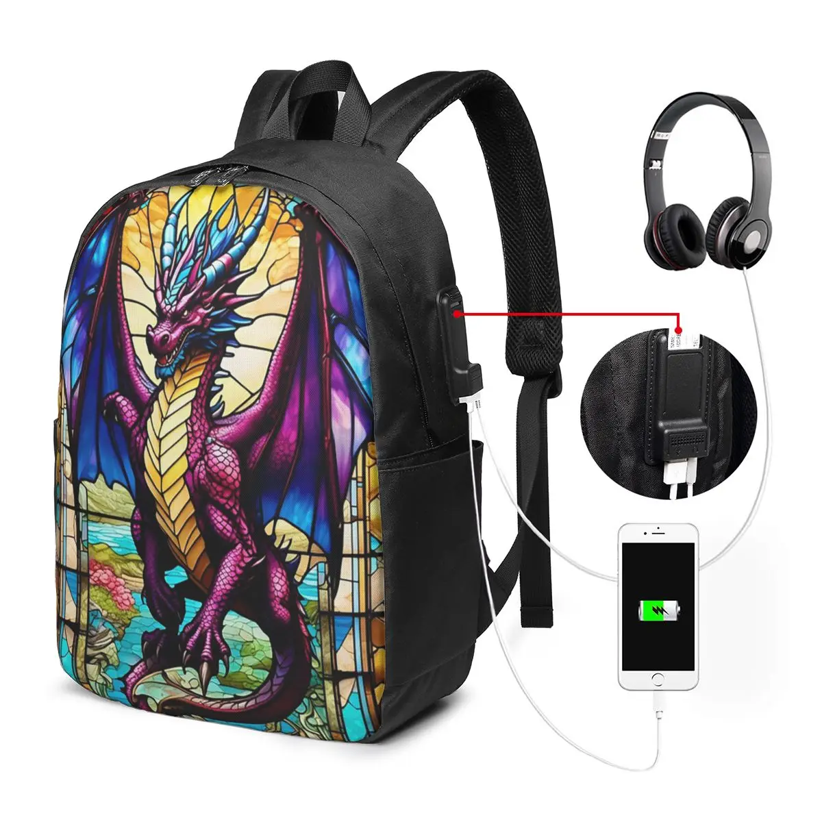 Vibrant Dragon Stained Glass Art Backpack Travel Notebook Bag Computer College Student School Bag Laptop Shoulder Bags Men Women