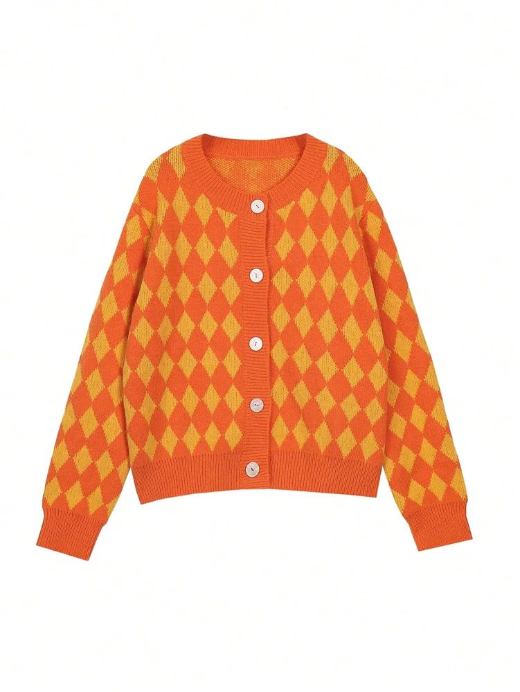 Stylish Contrast-Colour Diamond Pattern Versatile Minimalist Long-Sleeved Crew Neck Knitted Top for Women