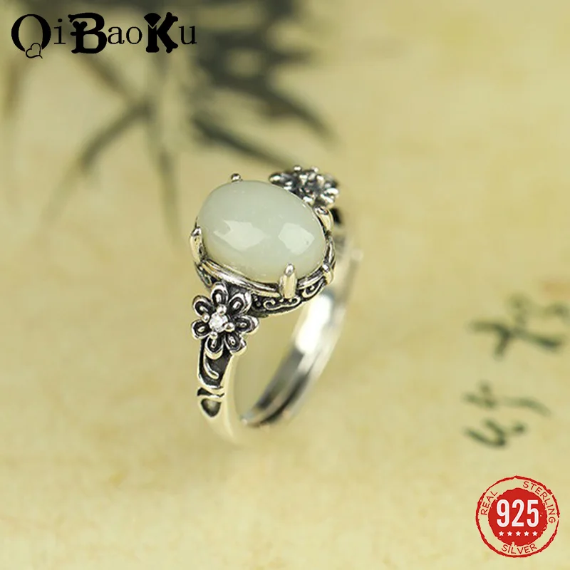 

QIBAOKU New S925 Sterling Silver Hetian Jade Rings for Women with Oval Natural Stone Agate Vintage Finger Ring Fine Jewelry Gift