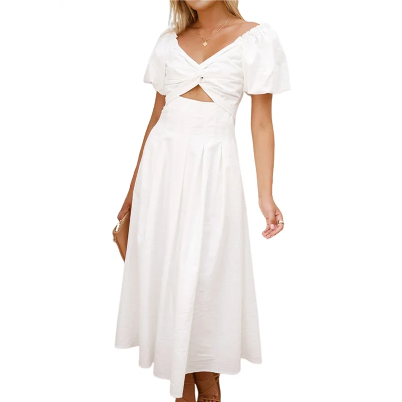 ABP-فستان نسائي صيفي بوهو ماكسي برقبة على شكل حرف V وأكمام قصيرة على شكل حرف a فستان طويل مع جيب