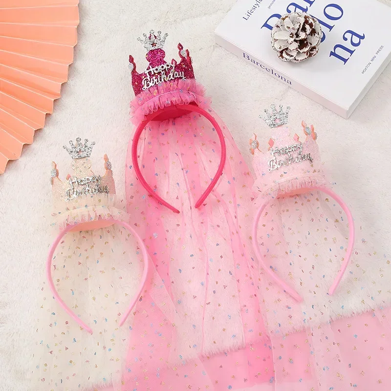 1 Pc Crown Cone Gauze Headband Princess Style Birthday Party Headwear Sequin Happy Birthday Hair Accessories Baby Girls Gift