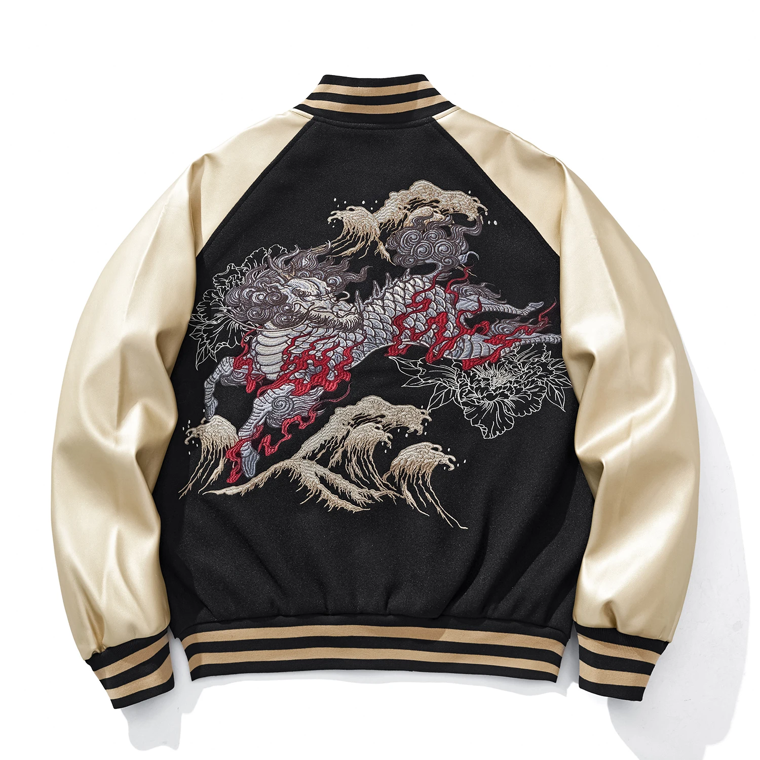 

Heavy Embroidery Dragon Sukajan Jaet Coat Baseball Sle Knit Bot Design oulder Insert Sve Long Zipper Closure Men'...