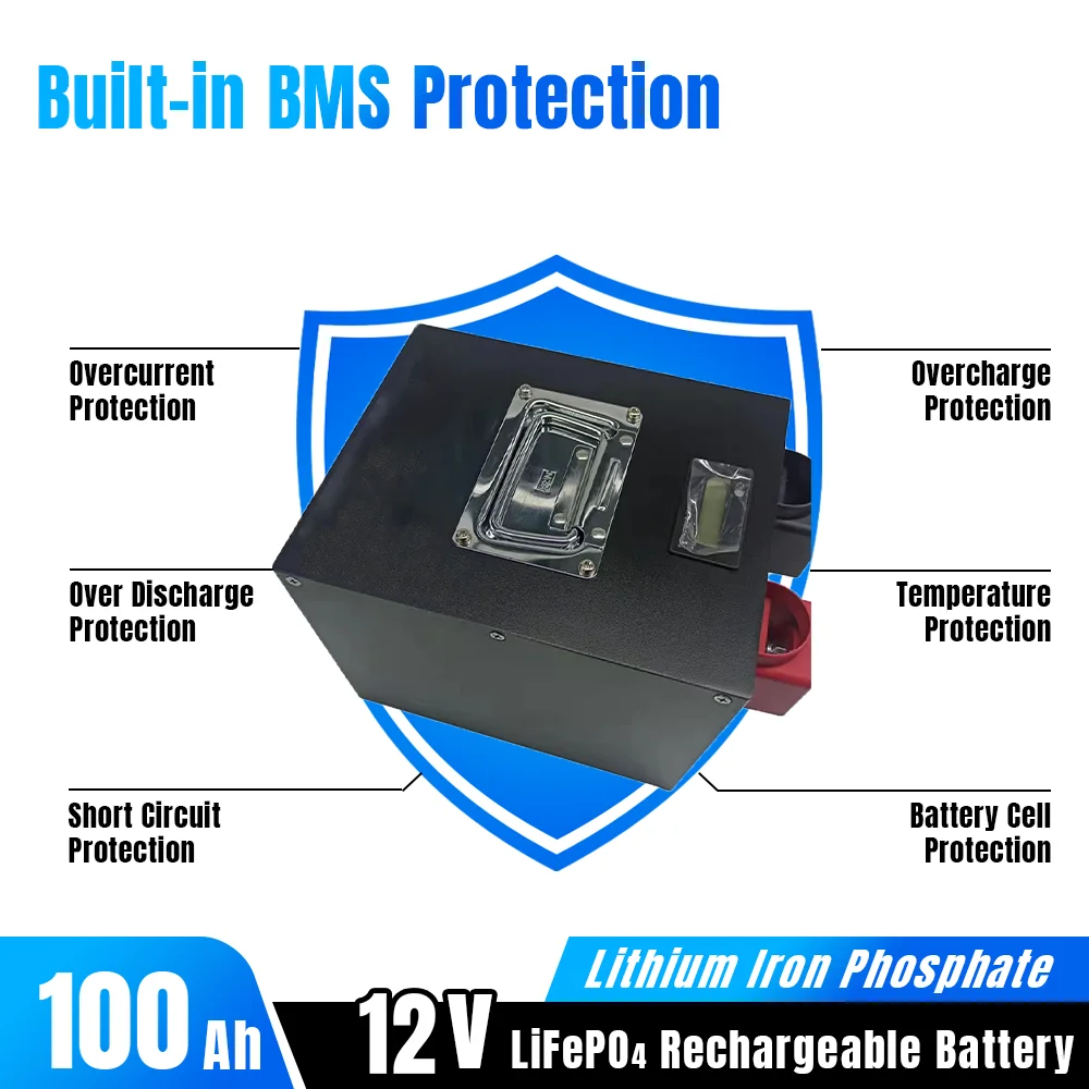 12V 100Ah Lifepo4 Battery Pack Lithium Iron Phosphate Built-in BMS Optional Bluetooth Deep Cycle for RV Campers +Charger