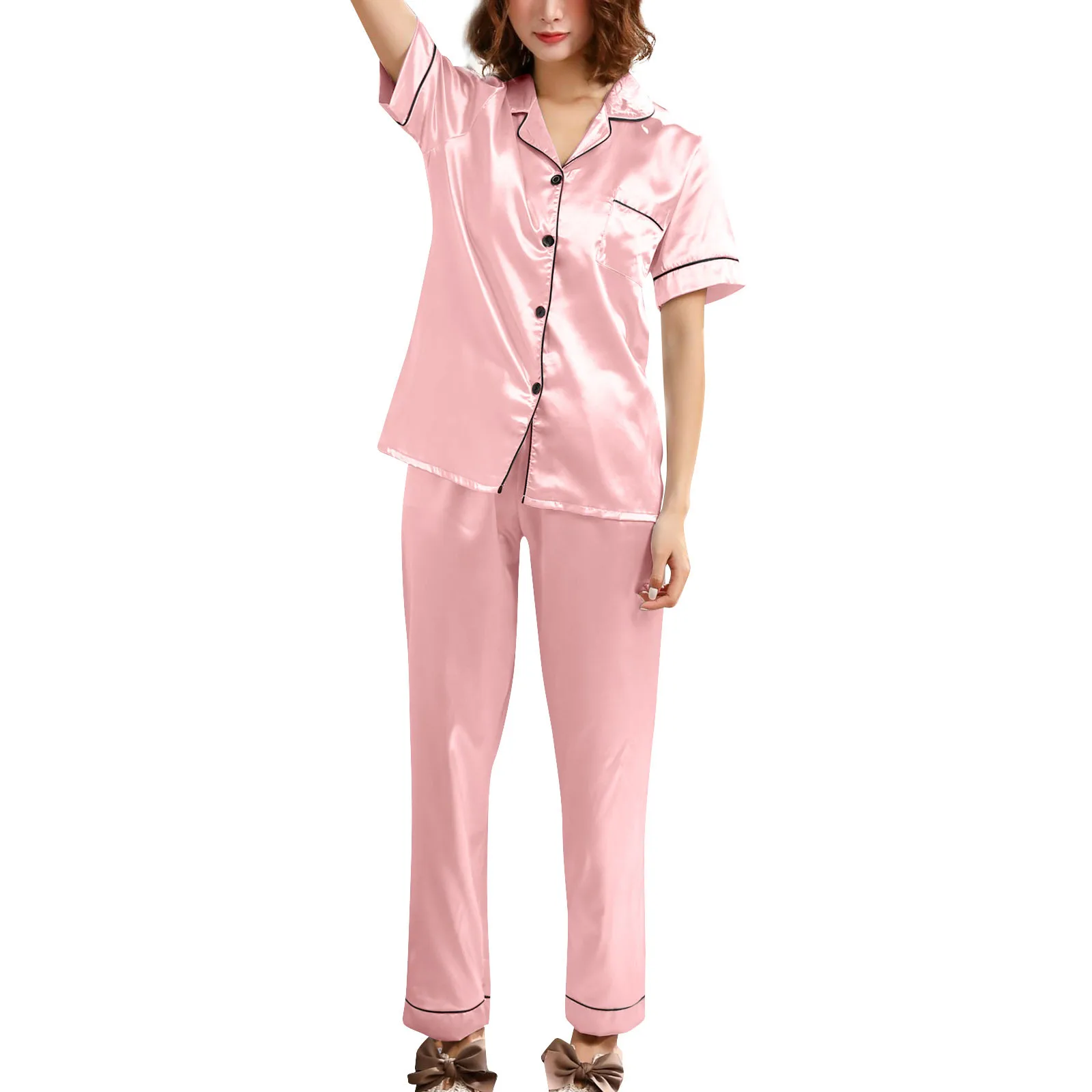 Solid Color Silk Satin Long Sleeve Turn Down Collar Pajama Sets For Women With Button Basics Casual Soft Home Fury Two Piece Set