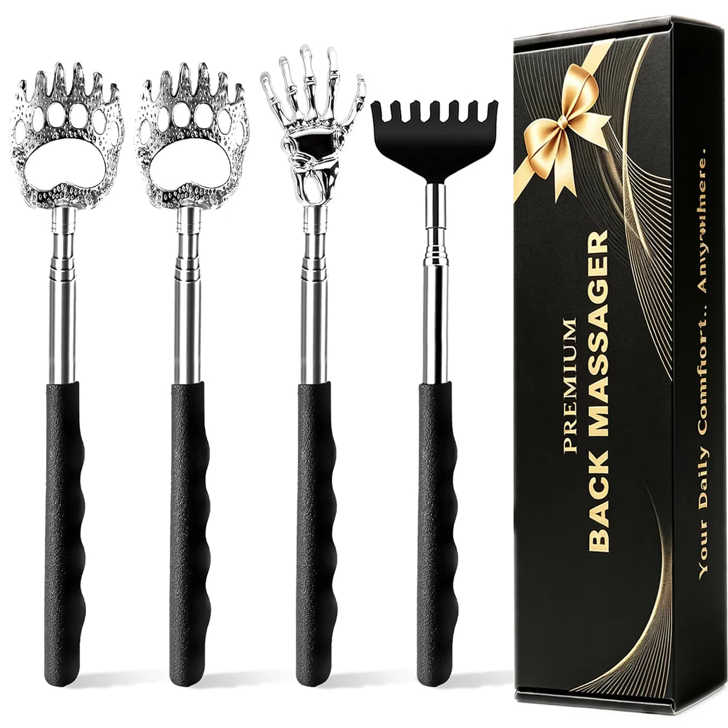 4-in-1 Extendable Back Scratcher Portable Stainless Steel Scratchers with Box, Multi-Scratch Heads Back Massager for Men Women