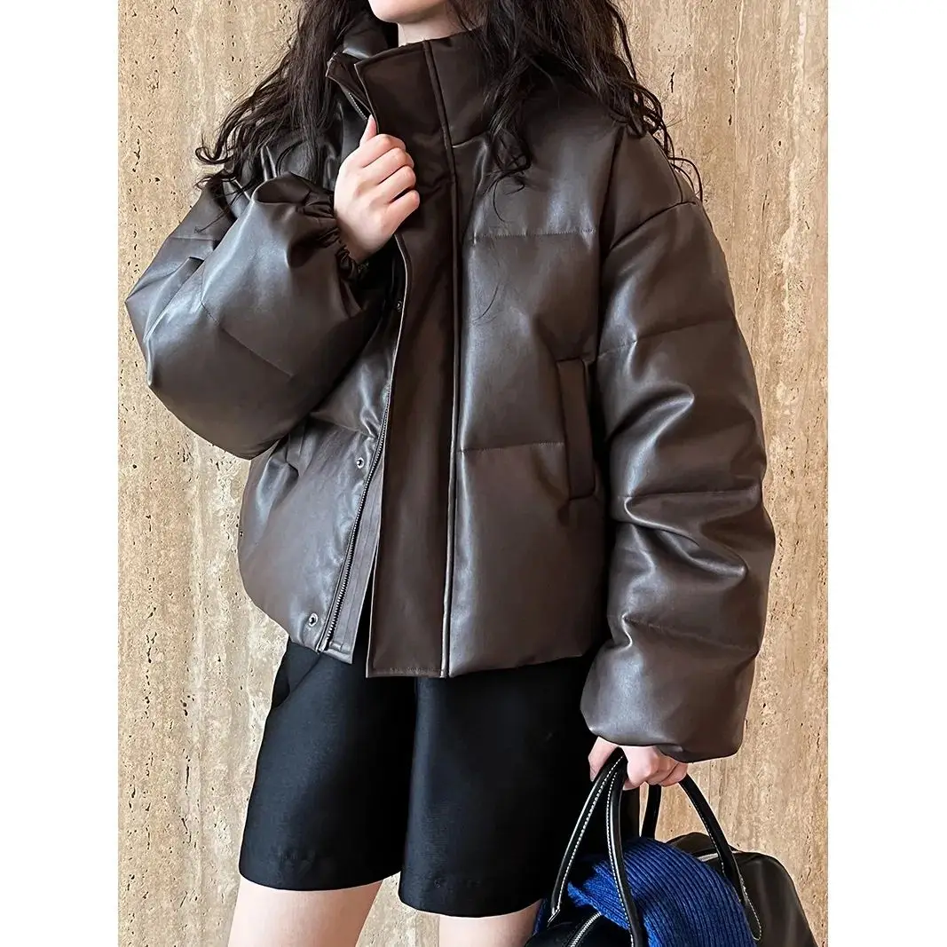 

Leather and Cotton Clothing for Women in Autumn and Winter of 2025 Short Standing Collar Bread Jacket