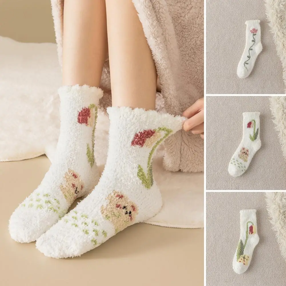 Stretchy Socks Cozy Tulip Print Women's Mid-tube Coral Fleece Socks Soft Warm Sweat Absorbing Anti-slip Elastic for Winter