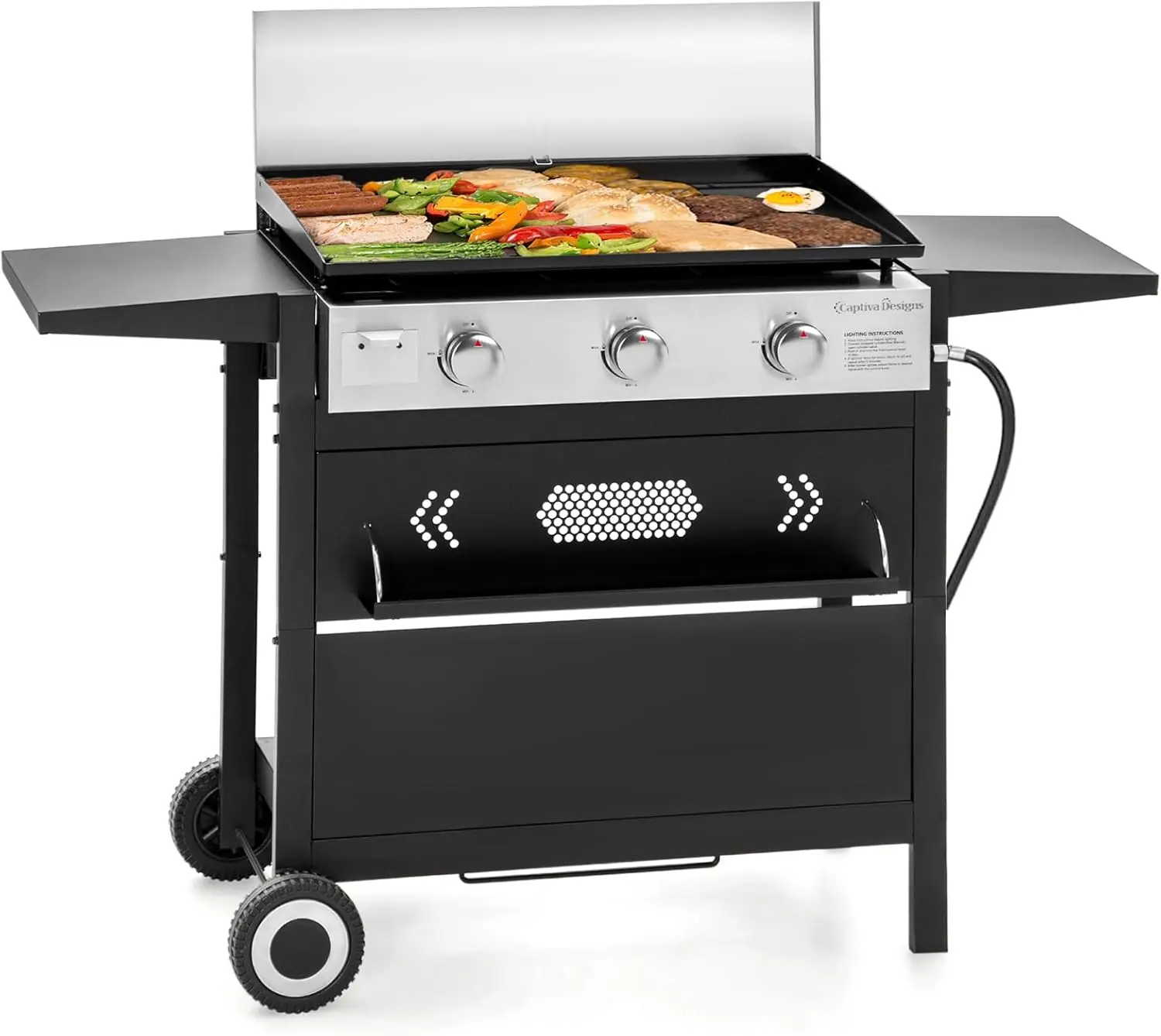 27 inch BBQ Propane Gas Griddle, Tabletop Flat Top Griddle w/Ceramic Coated Cast Iron Pan, 3 Burner Lift-Off Griddle Station