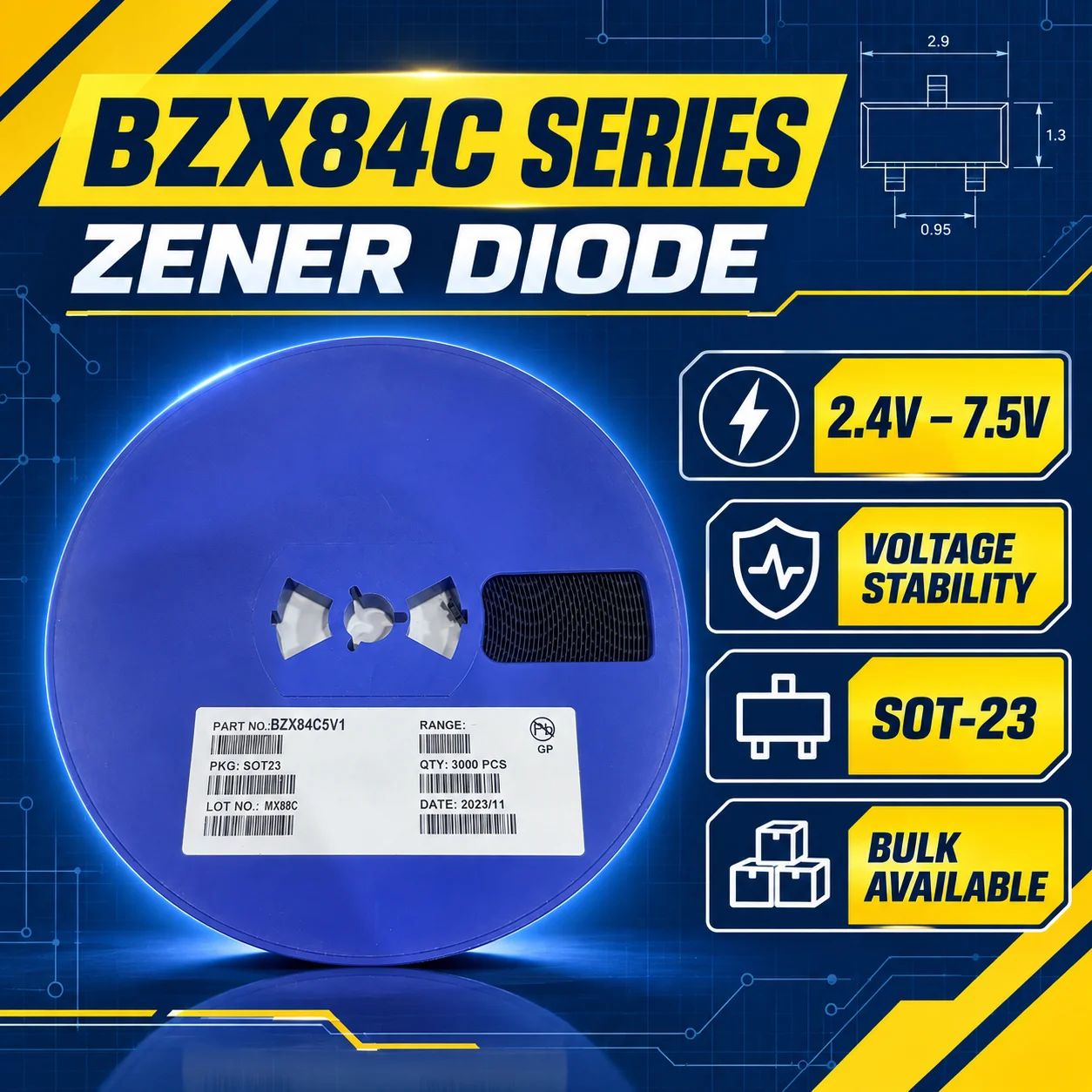 BZX84C2V4 BZX84C2V7 BZX84C3V0 BZX84C3V3 BZX84C3V6 BZX84C3V9 BZX84C4V3 BZX84C4V7 BZX84C5V1 BZX84C5V6 BZX84C6V2 SOT23 Zener Diodes