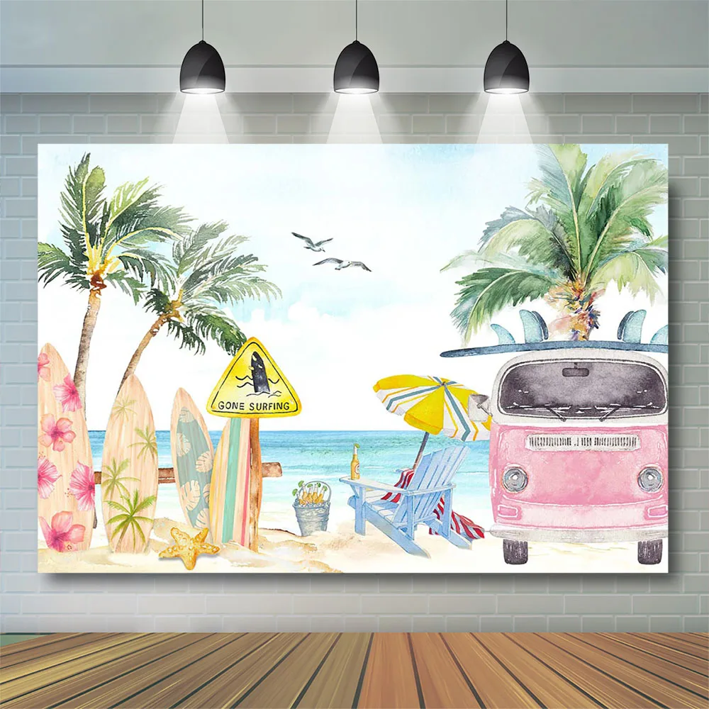 

Summer Sea Beach Surfing Theme Backdrop Kids Adult Photocall Props Tropical Flower Seagull Sky Birthday Holiday Party Banner