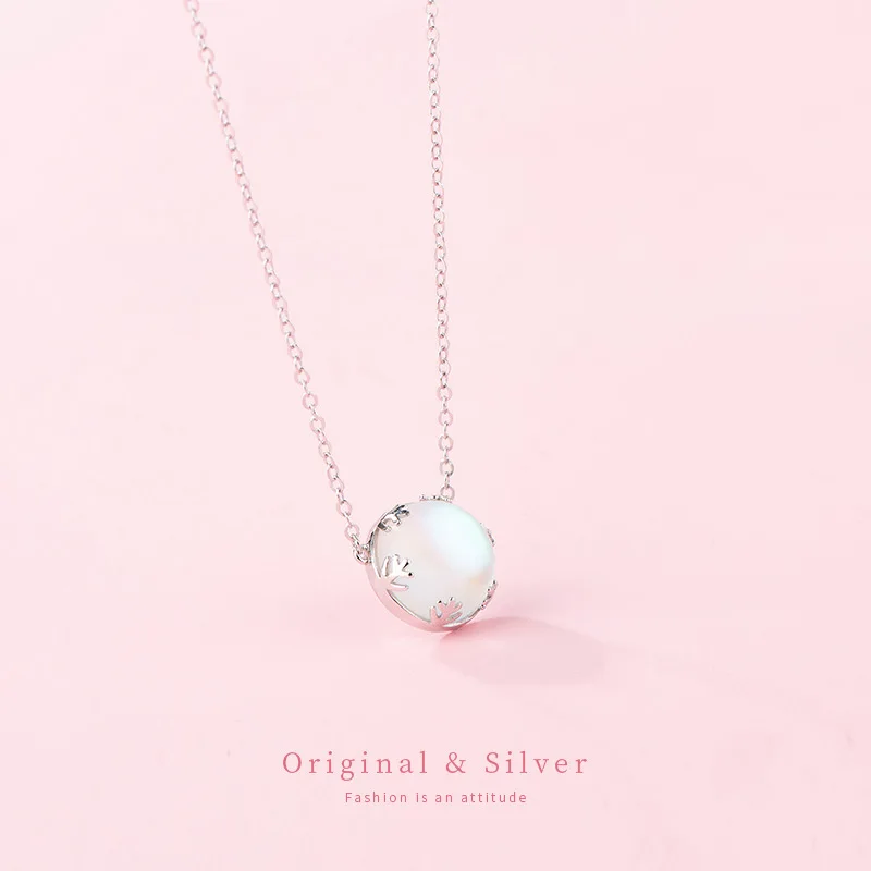 s925Sterling Silver Moonstone Aurora Forest Necklace Korean Style Mermaid Bubble Pendant Clavicle Chain Female Fashion Suit