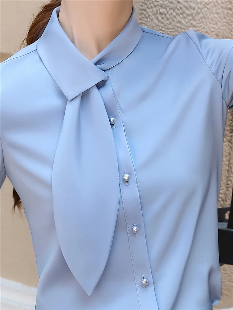 Women\'s Elegant Long Sleeve Shirts Blue White Pink  Bow Tie Work Wear Blouse Formal Offcie Tops Fashion Autumn 2023