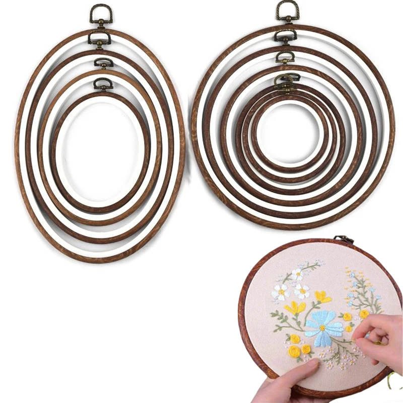 Strumento per cucire Cerchi da ricamo in legno imitazione ovale rotondo Set di cornici Anelli a cerchio da ricamo in plastica per punto croce fai da te