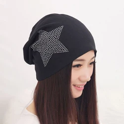 Autumn Winter Women Knitted Hat Five Point Star Diamond Pullover Cap Unisex Slouchy Elastic Wool Hats Double Layer Warm Beanies