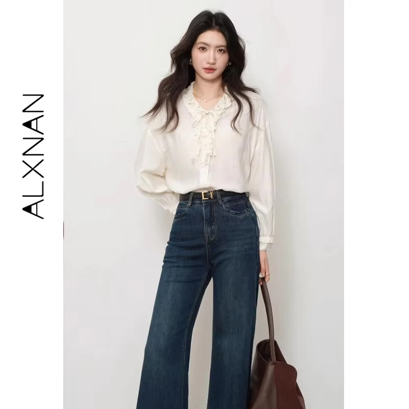 ALXNAN 여성 셔츠 러플 브이넥 타이 버튼 가을 공식 블라우스 2025 다용도 출퇴근용 여성 긴팔 탑 L57175