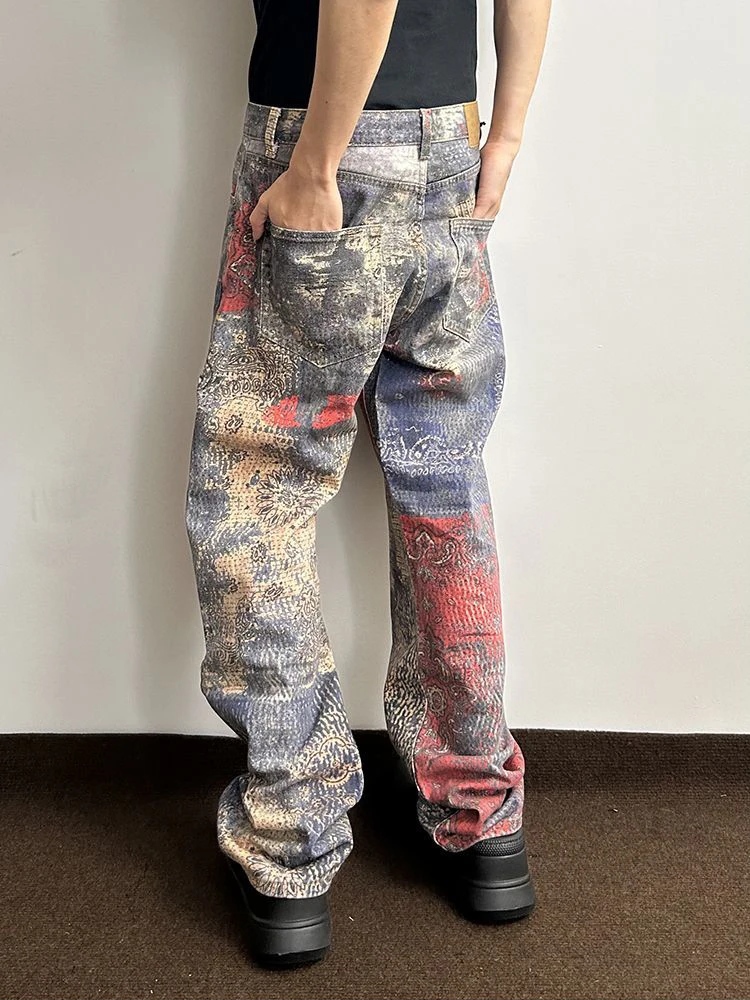 High Street Vintage Wshed Cashew ดอกไม้พิมพ์ Denim Cargo กางเกงยีนส์ Baggy Vintage Y2k กางเกงยีนส์ pantalones hombre y2k เสื้อผ้า