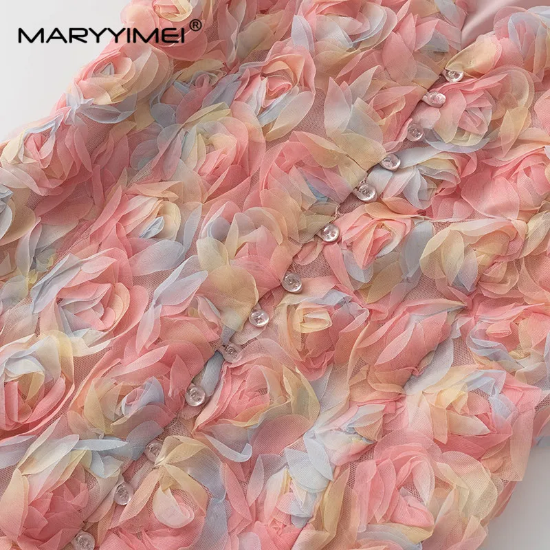 MARYYIMEI New Fashion Runway Designer Women's Clothing V-Neck Short-Sleeved Single-Breasted Colorful Gauze Tray Flower Dress