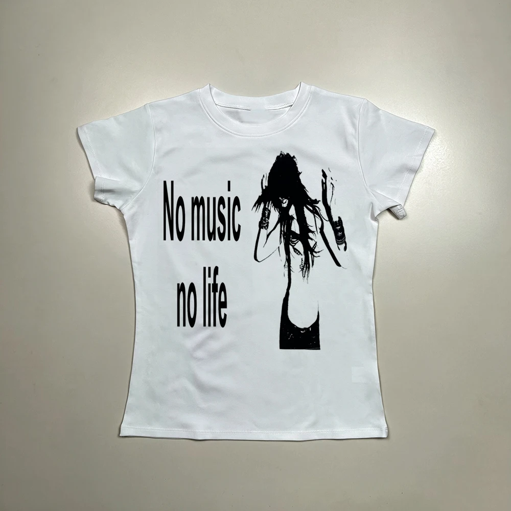 Punk Rock Zitat Grafik Langarm-T-Shirt No Music No Life Dark Grunge Music Lover Y2K Alt Damen Slim Fit Top – Detail 6