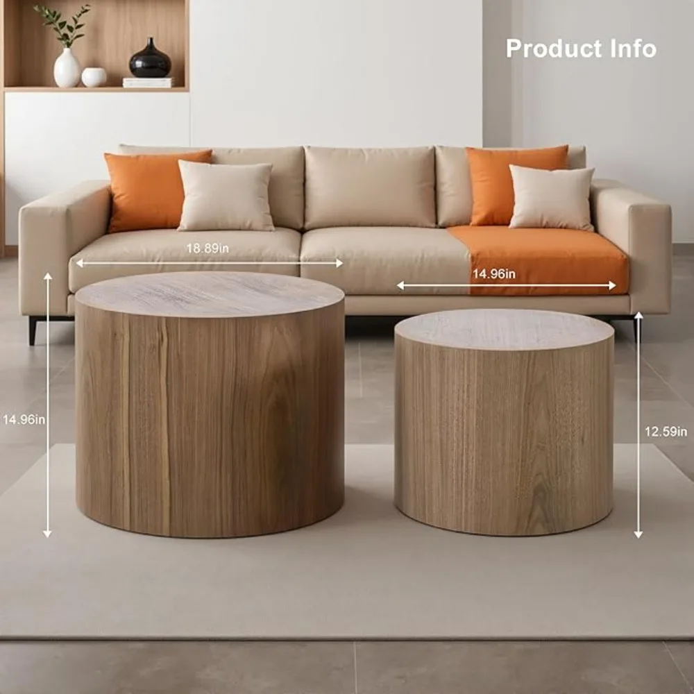 Nesting Coffee Table Set of 2, Modern Round Coffee Table with Non-Slip Feet, Wooden Circle Side Table and Accent Furniture