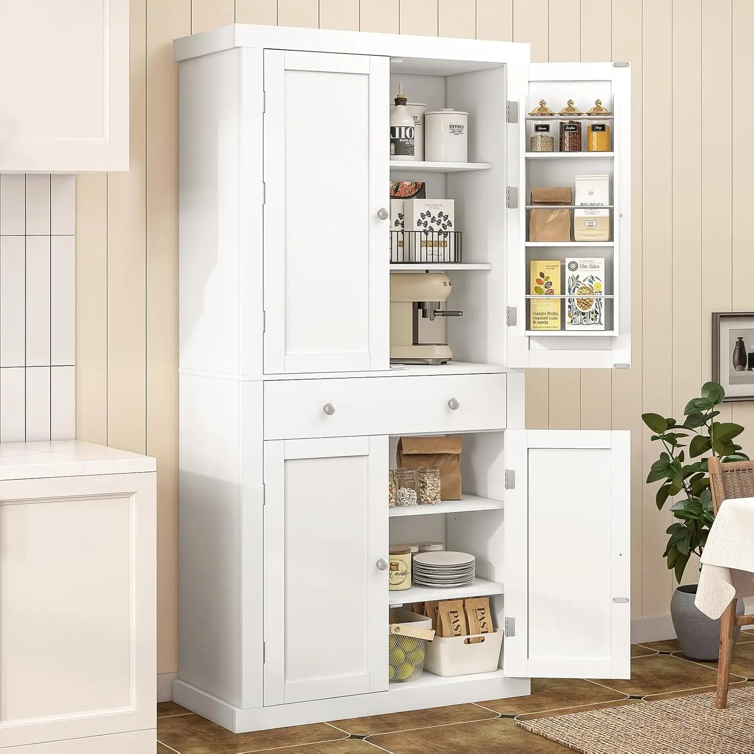 72” Kitchen Pantry Cabinet, Tall Storage Cabinet with 4 Doors and 1 Drawer, Kitchen Cabinet, Cupboard with 6 Hanging Shelves and