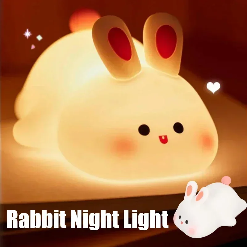 Rabbit Night Light Silicone Nursery Cute Sleeping Lamp USB Rechargeable Touch Switch Control Table Led for Child Girlfriend Gift