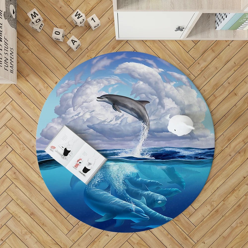 

Blue Whale Dolphin Round Rugs Romantic Ocean World Sofa Rug Home Living Room Bedroom Bathroom Floor Mats Print Decorate Carpet