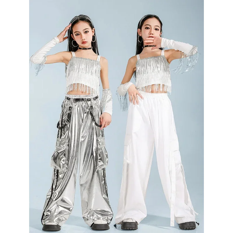 Ropa de Hip Hop para niña, camisetas cortas con lentejuelas, pantalones blancos para niña, pantalones cortos K-pop, ropa de calle para niño, conjunto de ropa de baile de Jazz