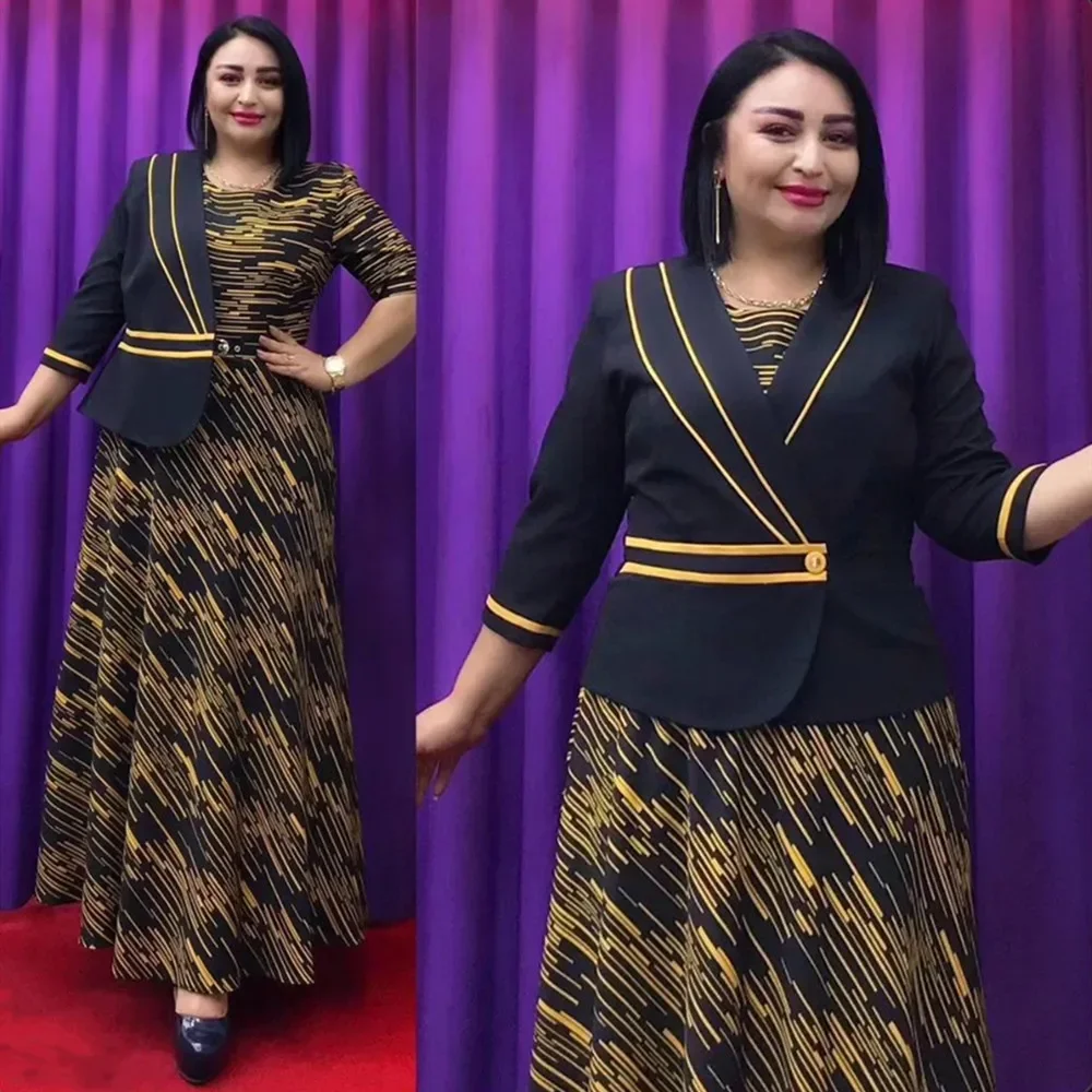 2-częściowy zestaw afrykańskich sukienek maxi dla kobiet Eleganckie suknie ślubne z indyka z płaszczem Ankara Office Lady Print Outfits Robe 2024