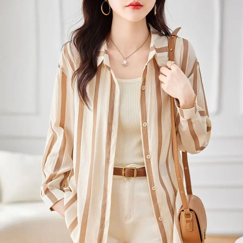 Commute Korean Striped Shirt Women\'s Clothing Casual Loose Single-breasted 2024 Spring Summer Fashion Polo-Neck All-match Blouse