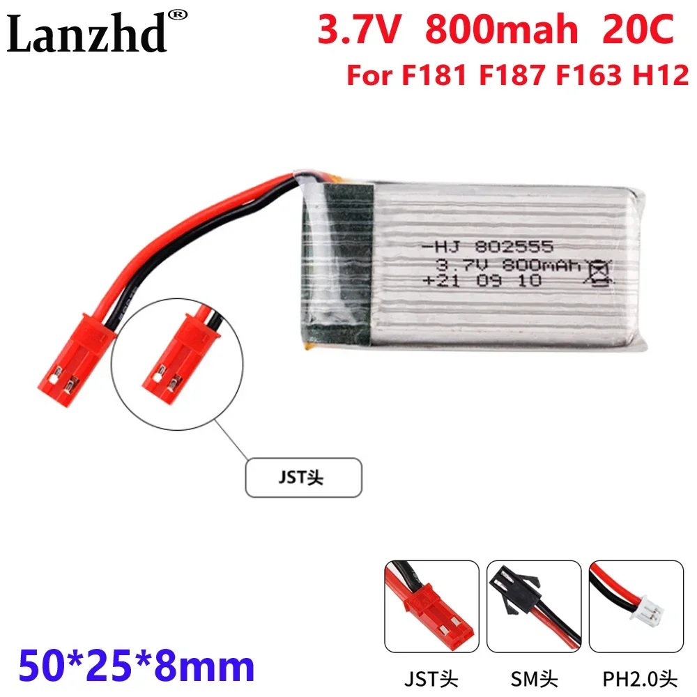 

3.7V Battery 800mAh 802555 For aircraft model lithium battery F181 F187 F163 H12 aircraft belt plate Four-axis