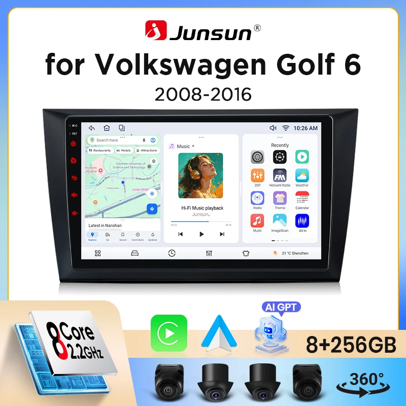 Autoradio Junsun sans fil CarPlay Android Auto pour Volkswagen (VW) Golf Mk6 (Typ 5K/517) 2008-2016 avec ventilateur de refroidissement intégré, navigation GPS Android, lecteur multimédia, WiFi, DSP,