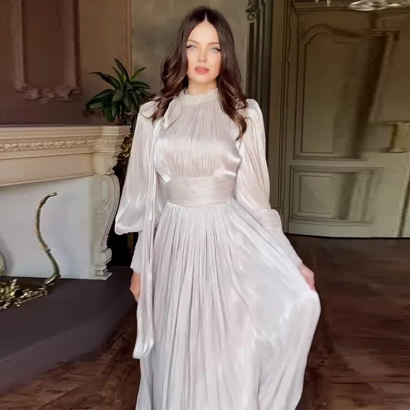 우아한 새틴 파티 롱 드레스 여성 2025 여름 패션 솔리드 컬러 긴팔 하이웨이스트 레이스업 맥시 드레스 캐주얼