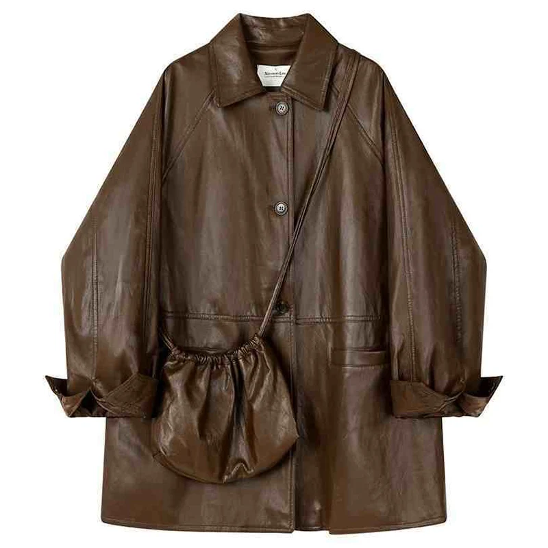 الرجعية فو الجلود السترة معطف للنساء 2025 ربيع الخريف واحدة الصدر التلبيب طوق منتصف طول سترة جلدية فضفاضة