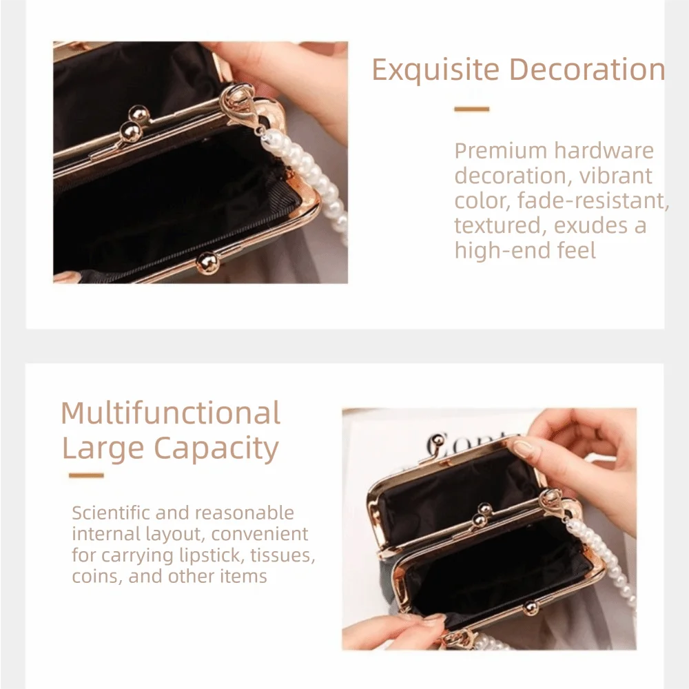 Retro Double Layer Mini Crossbody Bag Detachable Strap Clip Frame Kiss Lock Purse Pearl Chain PU Leather Small Purse For Women