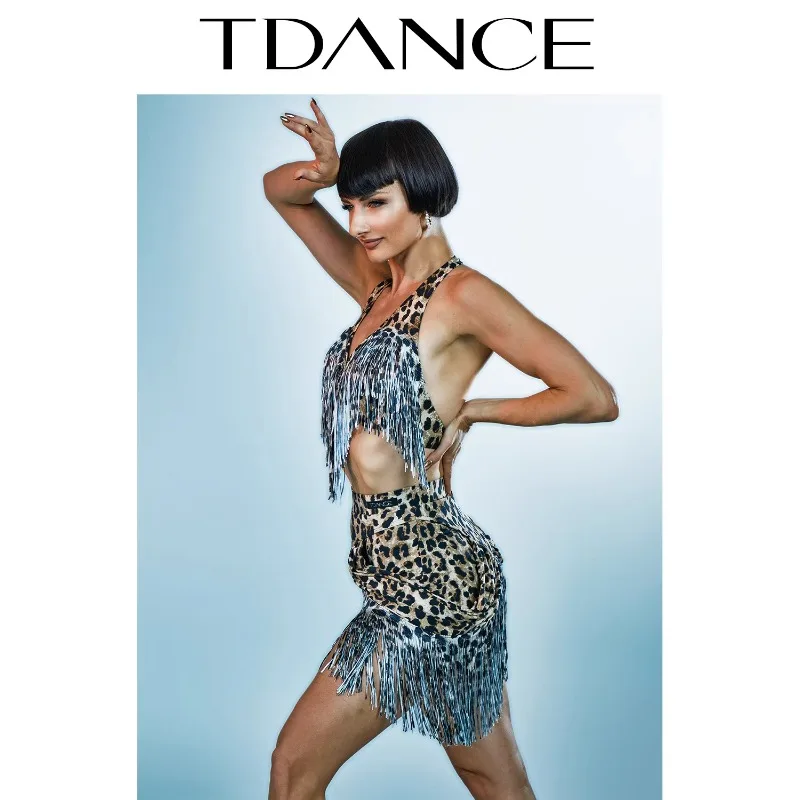Robe de danse latine personnalisée, vêtements d'entraînement, taille empilée, demi-jupe à pampilles, performance polyvalente, imprimé léopard, pour femme