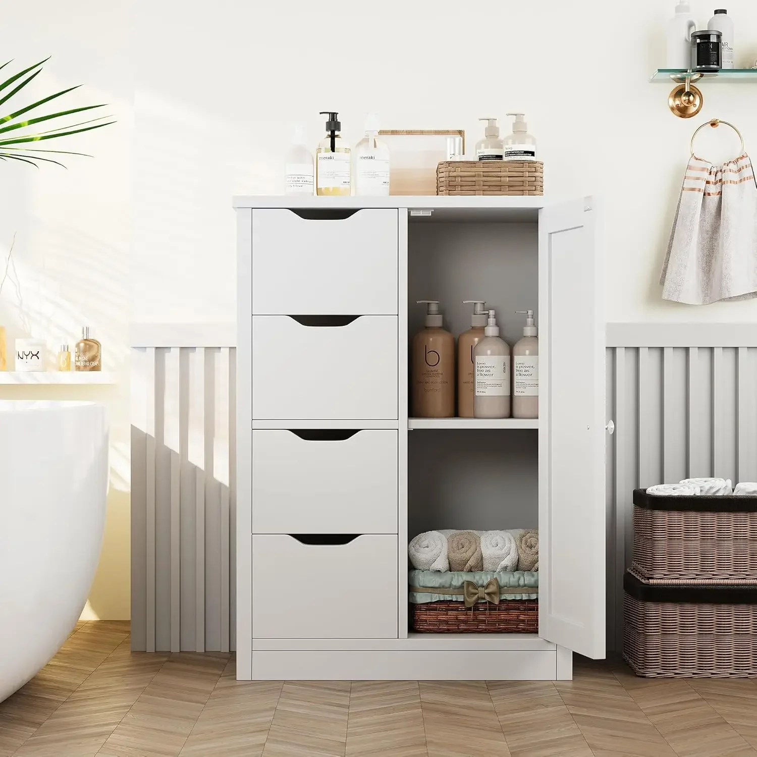 

Bathroom Floor Storage Cabinet, Wooden Storage Organizer with 4 Drawers and 1 Cupboard, Freestanding Bathroom Furniture