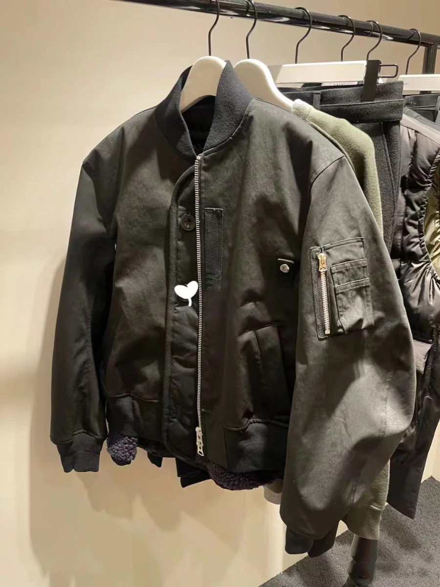 

FOG SACAI Spring 2024 Loose Fit Zipper Long Sve Jaet Lamb Fur Splicing Cotton Outerwear Contrast Color Commute Sle