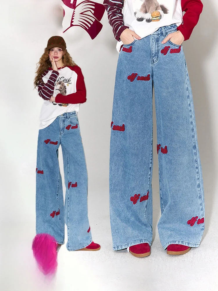 

High Waist Embroidered Red Lip Straight Leg Jeans Women's Spring Casual Wide Leg Pants Slimming Effect Casual Sle