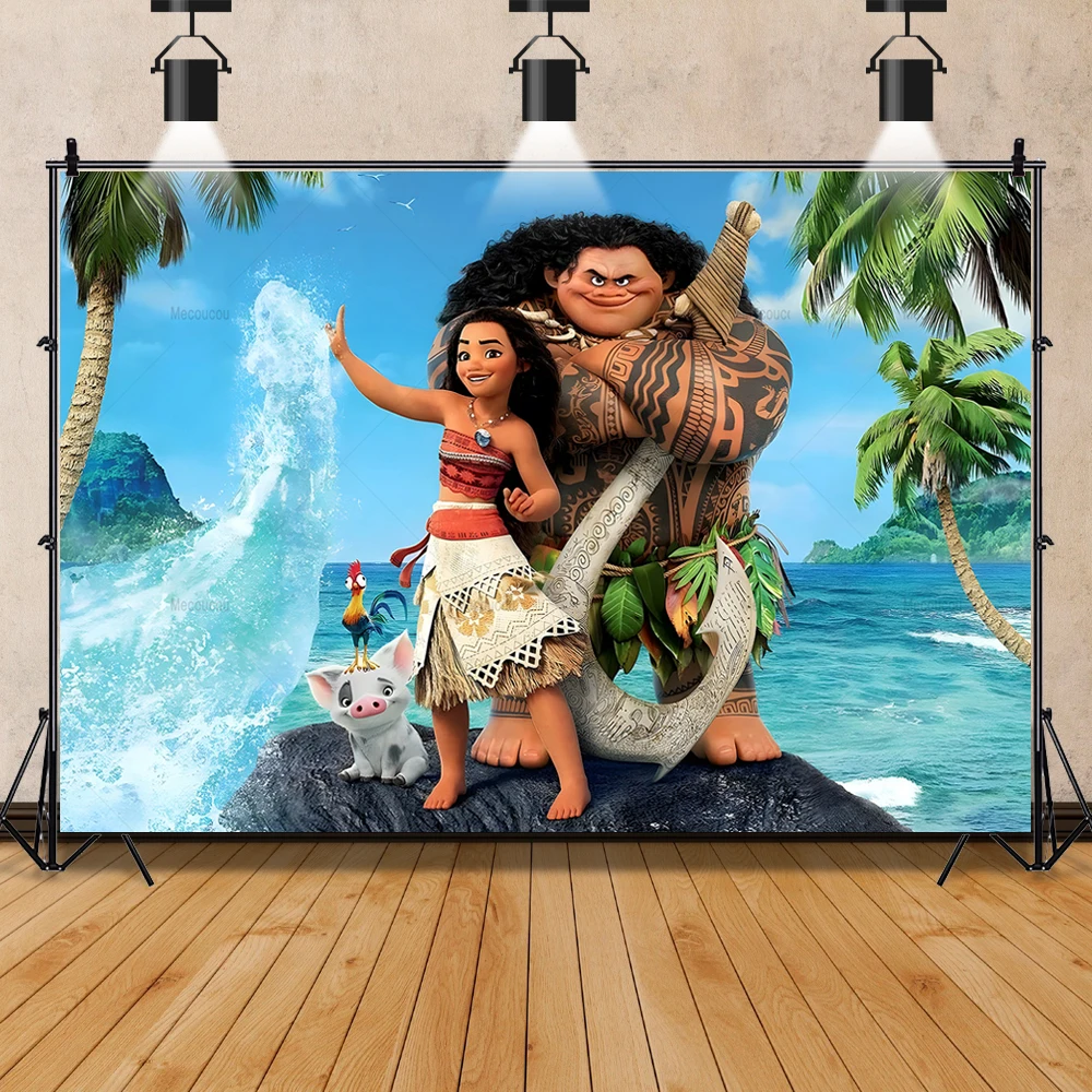 Disney Moana ภาพพื้นหลังที่กําหนดเองเด็กหญิงวันเกิด Baby Shower BANNER การถ่ายภาพตกแต่ง Props อุปกรณ์