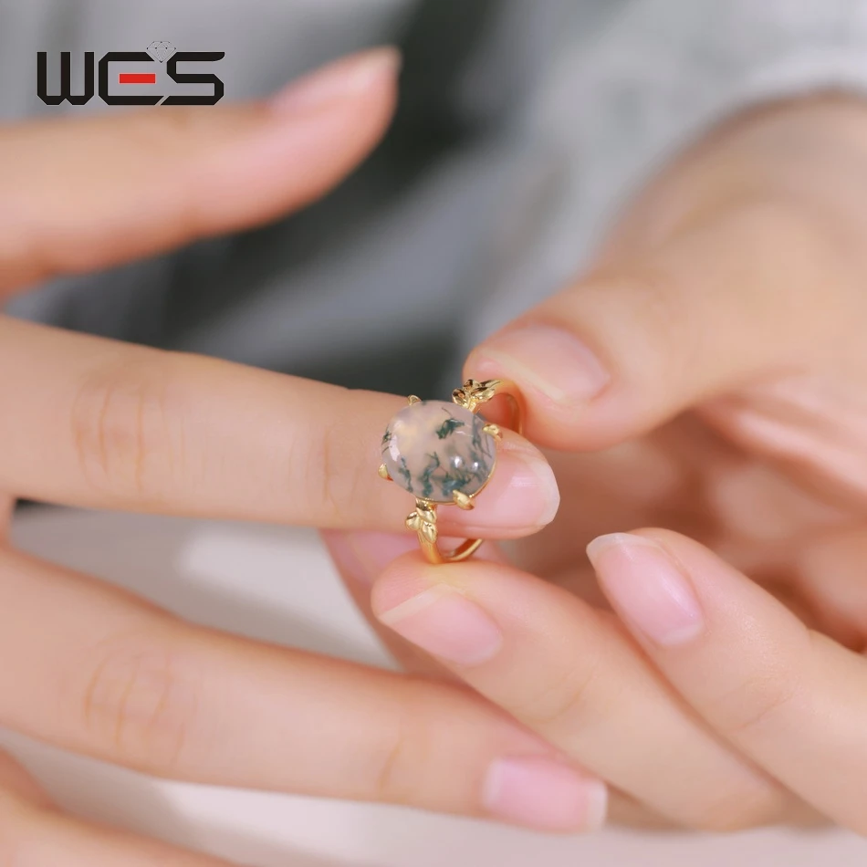 WES فريد البيضاوي 10*12 مللي متر العقيق الطحلب الطبيعي خواتم للمرأة 925 الفضة خمر غرامة مجوهرات مطلية بالذهب هدية الخطوبة بالجملة #4