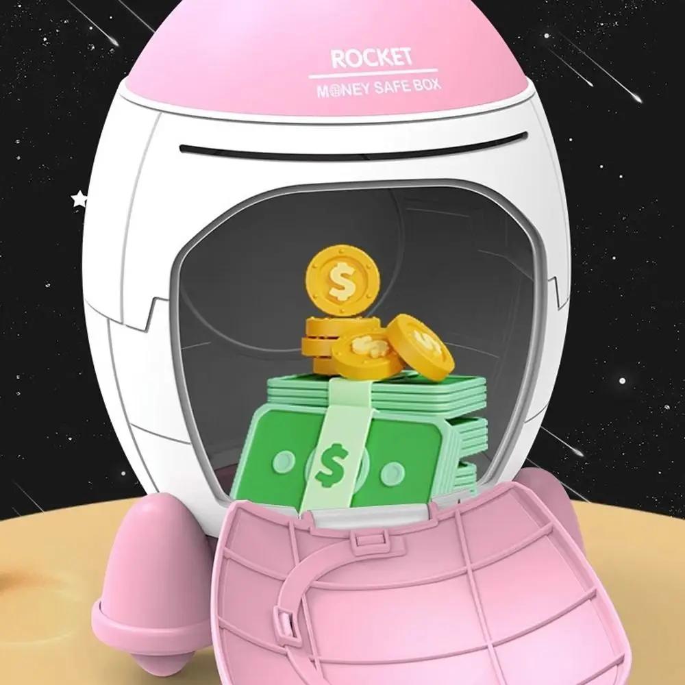 Cute Children Piggy Bank with Cartoon Sticker Multi-purpose Space Rocket Shape Cash Box Plastic Money Box Kids Gift Toy