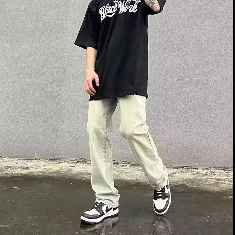 

Осенне-зимние мужские джинсы большого размера желтого цвета грязи с прямыми штанинами, модные повседневные удобные для подростков, износостойкие